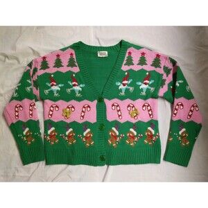 Major Major Christmas Sweater Cardigan Pink Green Holiday Party Funky Womens